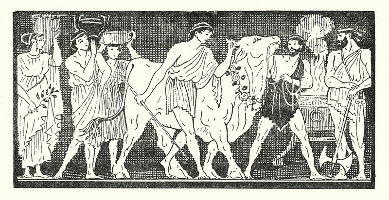 Nestor och hans följeslagare leder en kviga som ska offras (litho) av Armand Joseph Bonamy