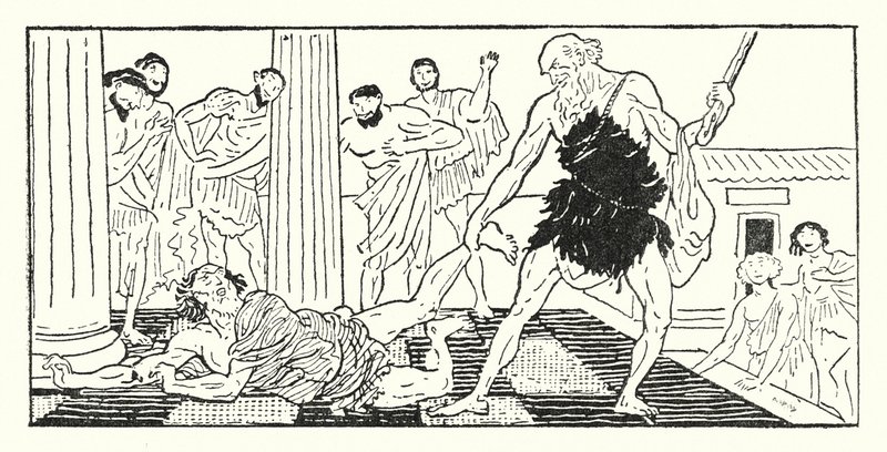 Odysseus drar Irus ut ur salen (litho) av Armand Joseph Bonamy