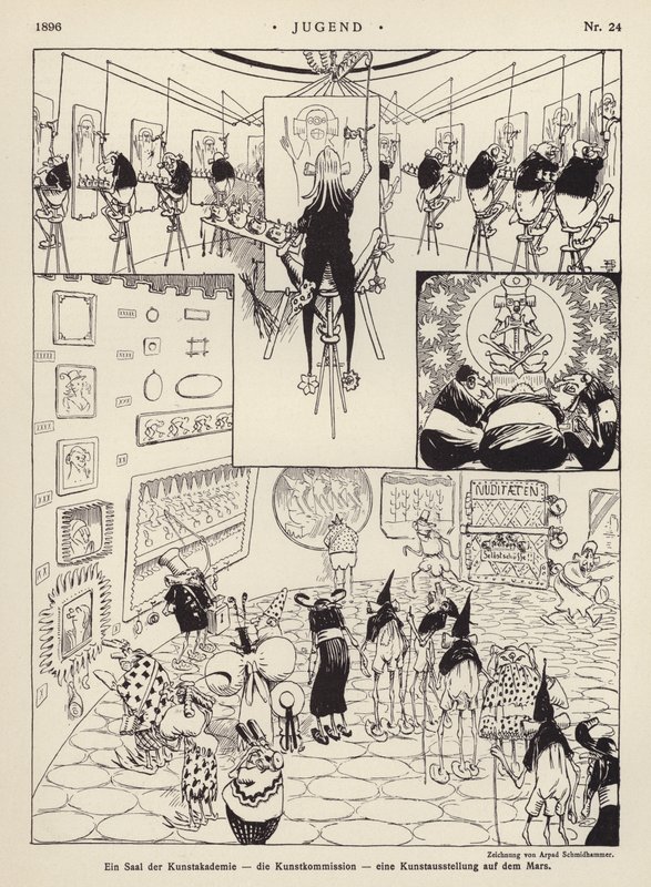 Konsthögskolans rum; konstkommissionen; en konstutställning på Mars (litho) av Arpad Schmidhammer