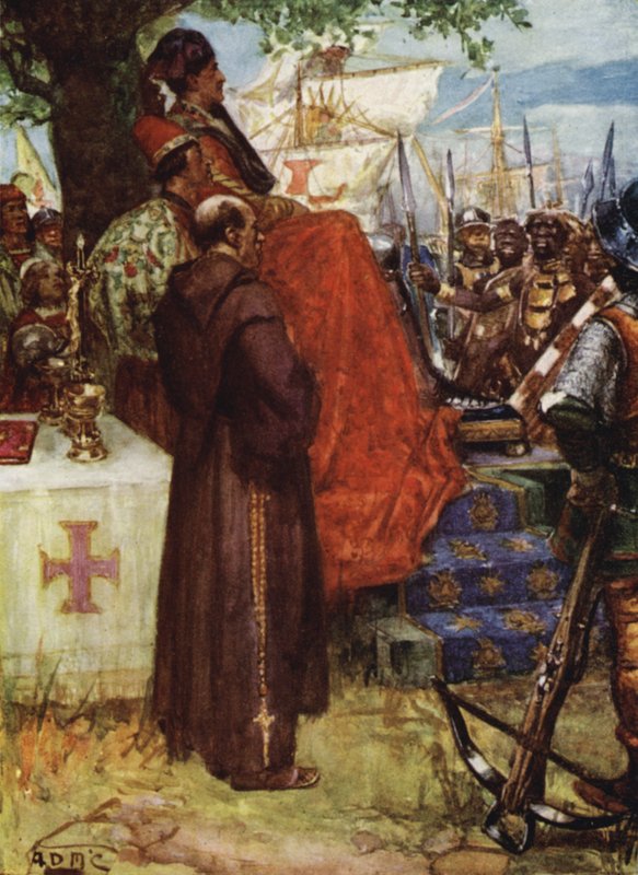 DAzambuja tar emot den infödda hövdingen i Elmina. av Arthur David McCormick