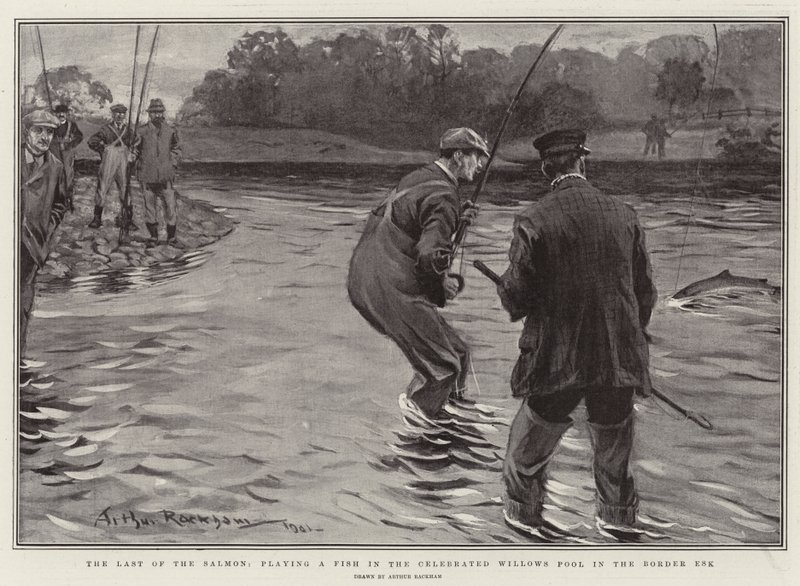 Den sista laxen, som spelar en fisk i den berömda Willows Pool i Border Esk. av Arthur Rackham