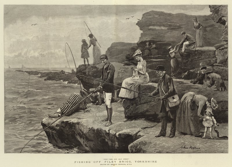 Fiske utanför Filey Brigg, Yorkshire (gravyr) av Arthur (after) Hopkins