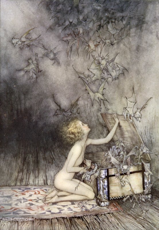 Öppning av Pandoras ask, scen från A Wonder Book, av Nathaniel Hawthorne (färg litho) av Arthur (after) Rackham