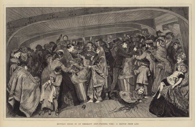 Mellan däck på ett emigrantfartyg, matningstid, en skiss från livet av Arthur Boyd Houghton
