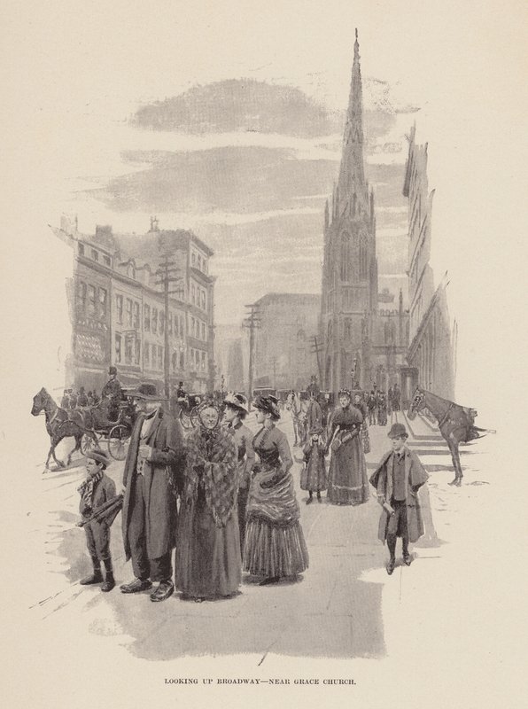 Utsikt över Broadway, nära Grace Church (gravyr) av Arthur Burdett Frost