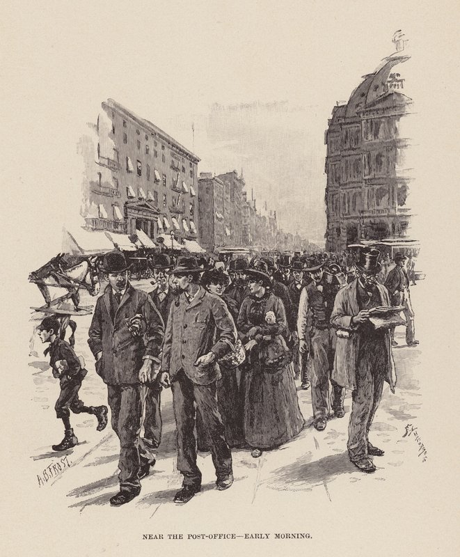 Nära postkontoret, tidig morgon (gravyr) av Arthur Burdett Frost