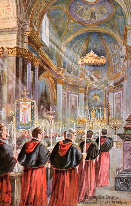 Procession vid Brompton Oratory, London (färg litho) av Arthur Charles (after) Payne