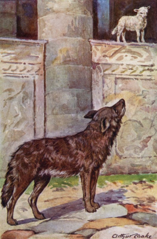 Aesops Fables: The Kid and the Wolf (färg litho) av Arthur Claude Cooke