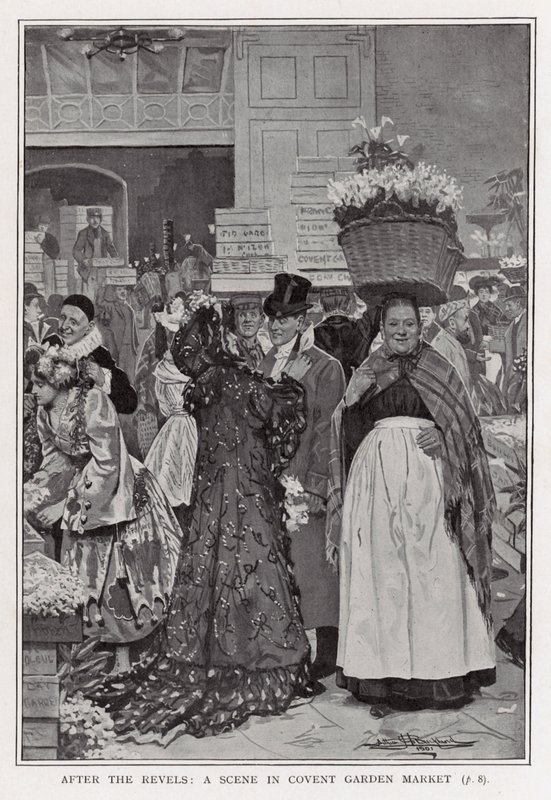 Efter festerna - en scen på Covent Garden Market av Arthur Herbert Buckland