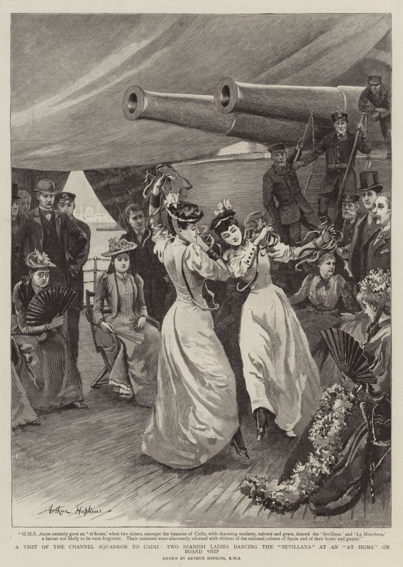 Ett besök av kanaleskadern i Cadiz, två spanska damer dansar Sevillana i ett hem ombord på fartyget av Arthur Hopkins