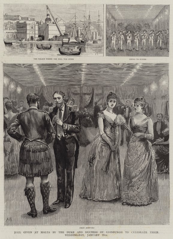 Bal på Malta av hertigen och hertiginnan av Edinburgh för att fira deras bröllopsdag, 25 januari av Arthur Hopkins