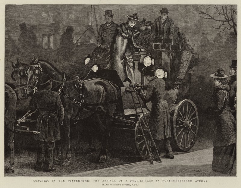 Coaching på vintern, ankomsten av en fyra-i-hand i Northumberland Avenue av Arthur Hopkins