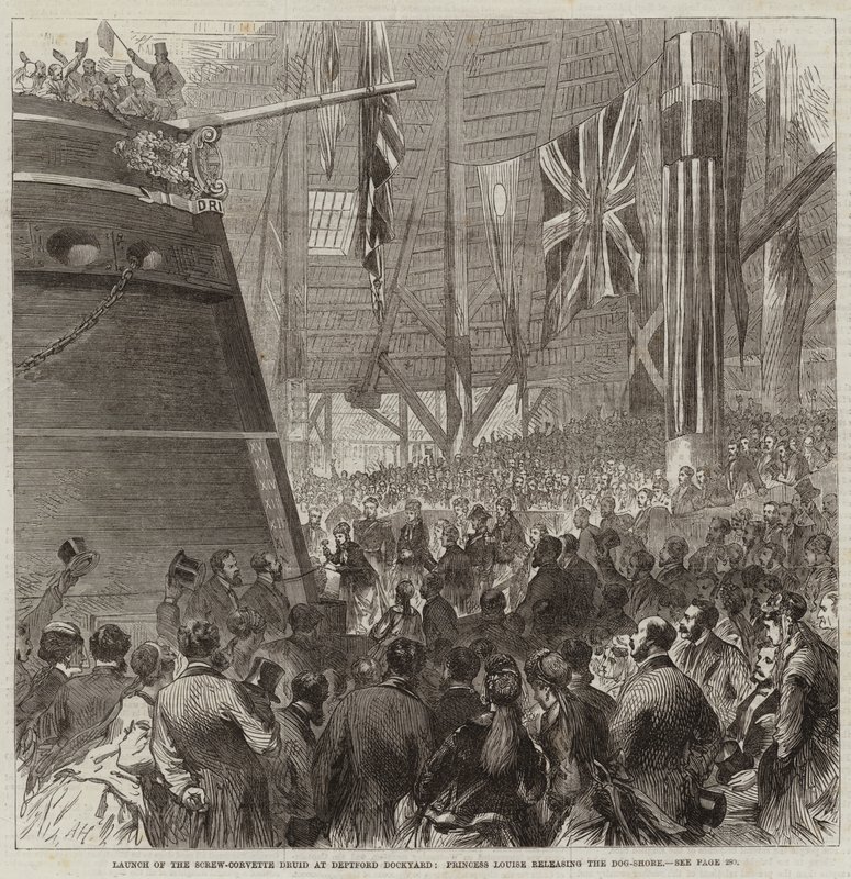 Sjösättning av skruvkorvetten Druid vid Deptford Dockyard, prinsessan Louise släpper loss hundkärran. av Arthur Hopkins