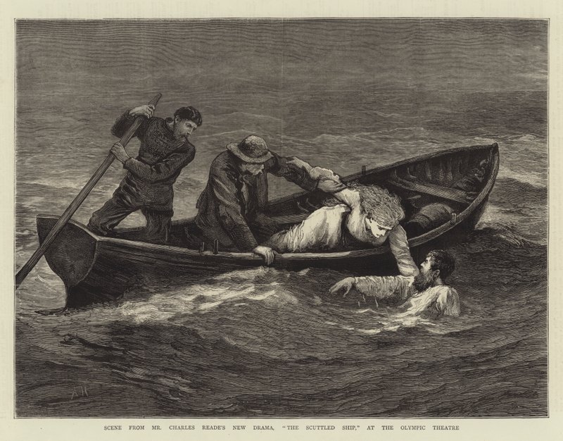Scen ur Charles Reades nya drama, The Scuttled Ship, på Olympic Theatre. av Arthur Hopkins