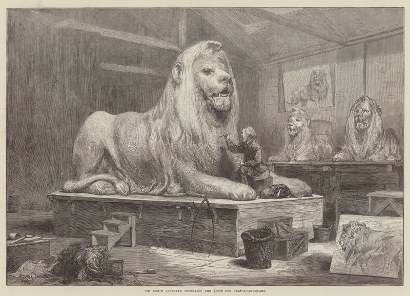 Sir Edwin Landseer modellerar lejonen för Trafalgar-Square av Arthur Hopkins