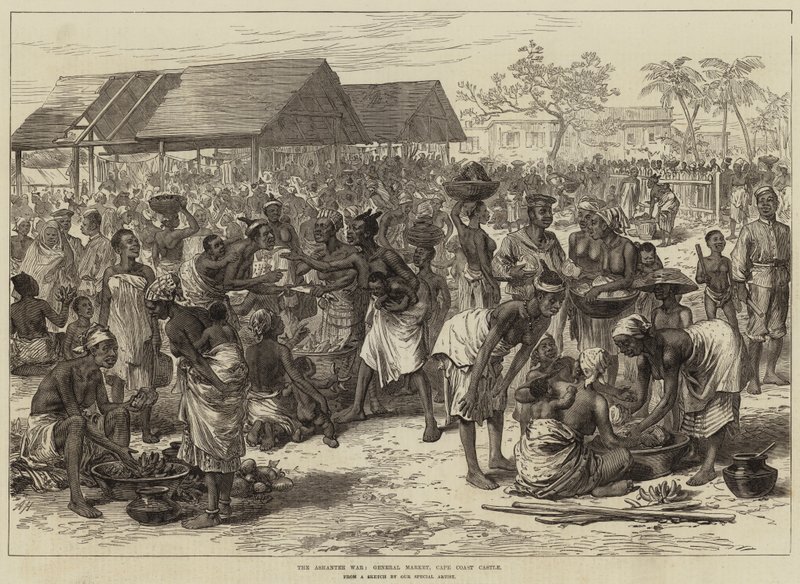 Ashantee-kriget, den allmänna marknaden, slottet Cape Coast av Arthur Hopkins