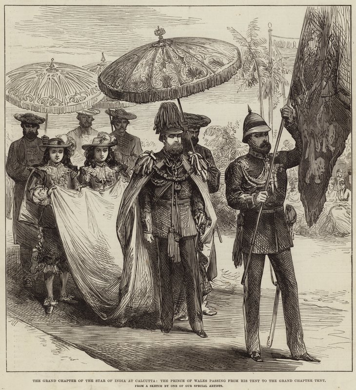 Grand Chapter of the Star of India i Calcutta, prinsen av Wales passerar från sitt tält till Grand Chapter-tältet. av Arthur Hopkins