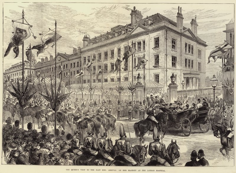 Drottningens besök i East End, Hennes Majestäts ankomst till London Hospital av Arthur Hopkins