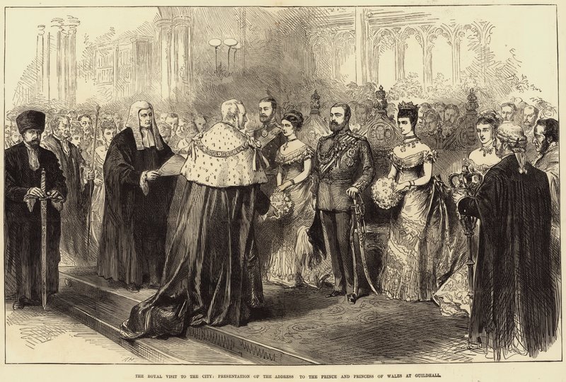 Det kungliga besöket i staden, presentation av tilltalet till prinsen och prinsessan av Wales i Guildhall av Arthur Hopkins