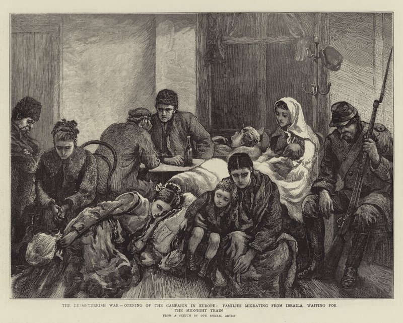 Det rysk-turkiska kriget, öppnandet av kampanjen i Europa, familjer som migrerar från Ibraila och väntar på midnattståget av Arthur Hopkins