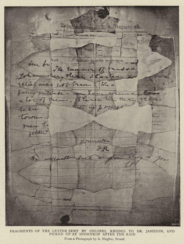 Fragment av det brev som överste Rhodes skickade till dr Jameson och som hämtades i Doornkop efter raiden. av Arthur Hughes
