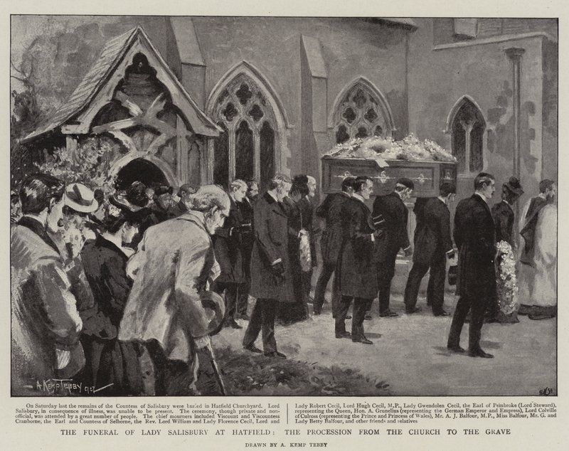 Lady Salisburys begravning i Hatfield, processionen från kyrkan till graven av Arthur Kemp Tebby