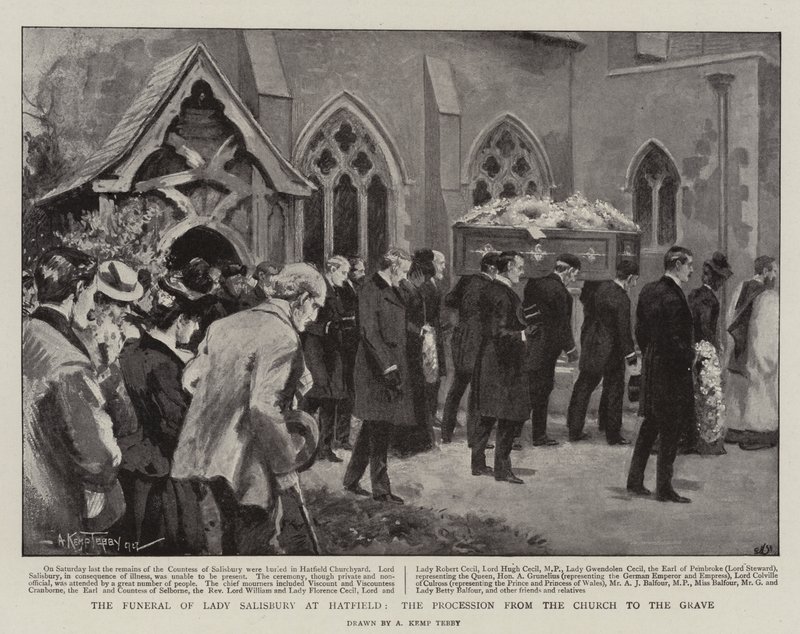 Lady Salisburys begravning i Hatfield, processionen från kyrkan till graven (litho) av Arthur Kemp Tebby