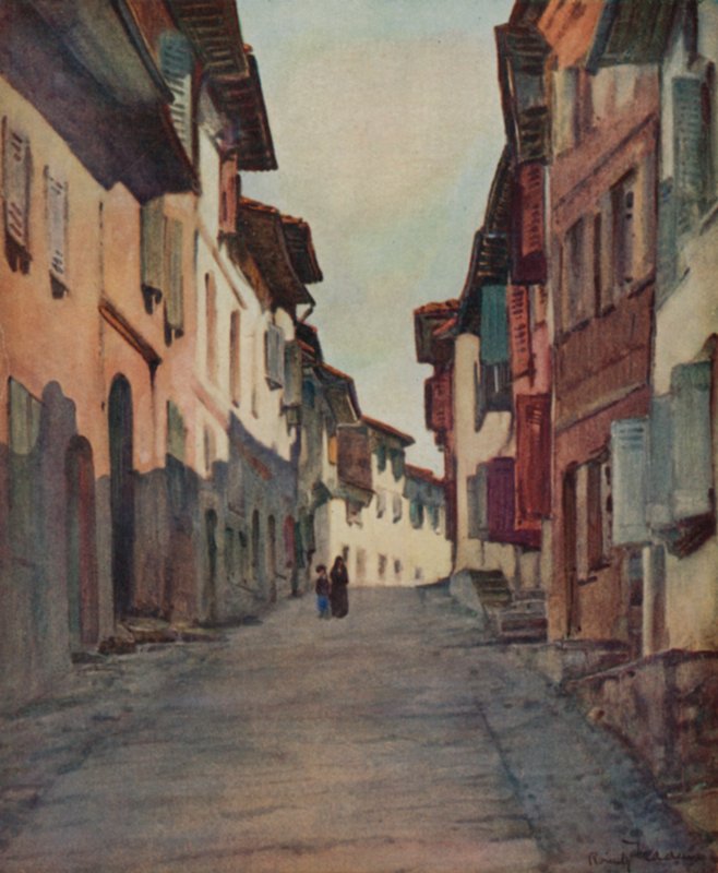 Baskien: Gata i Gamla stan, St Jean-Pied-de-Port (färglitografi) av Arthur Romilly Fedden