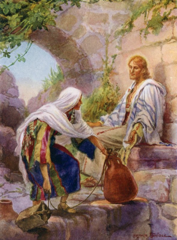 Kvinnan i Samaria vid brunnen (färg litho) av Arthur Twidle
