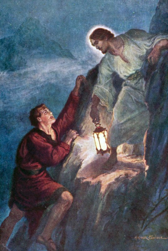 Ung man som klättrar, följer ljuset som hålls av Jesus Kristus av Arthur Twidle