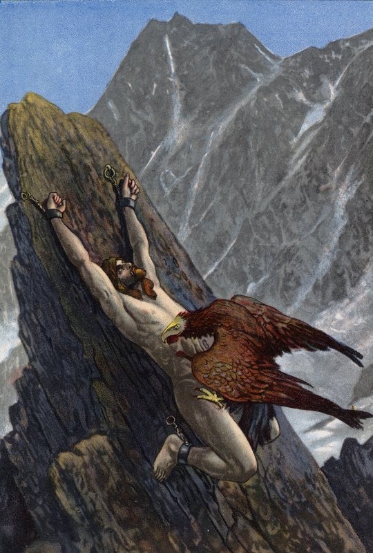 Örn som slukar Prometheus lever, kedjad vid en sten av Zeus som straff för att ha stulit eld från gudarna och gett den till mänskligheten (färg litho) av Artus Scheiner