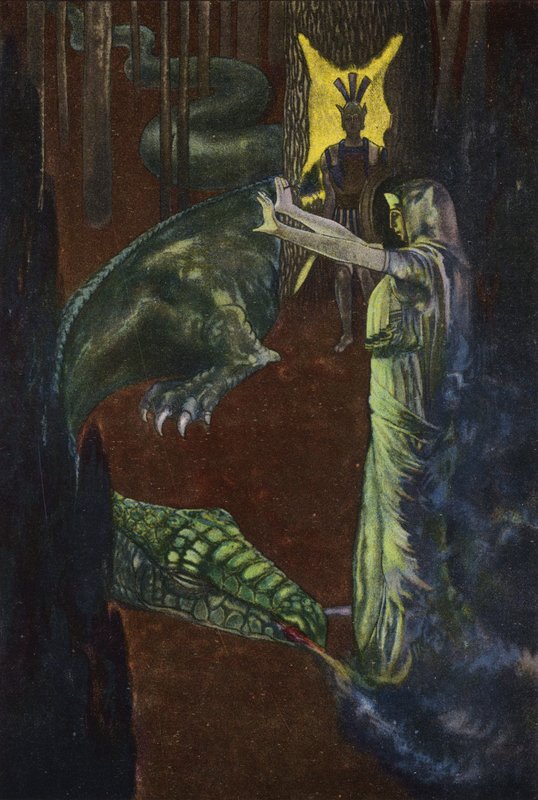 Jason tittar på Medea söva draken som vaktar det gyllene skinnet (färg litho) av Artus Scheiner