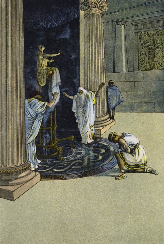 Orestes beordras av Apollo att åka till Tauris och föra statyn av Artemis till Aten (färg litho) av Artus Scheiner