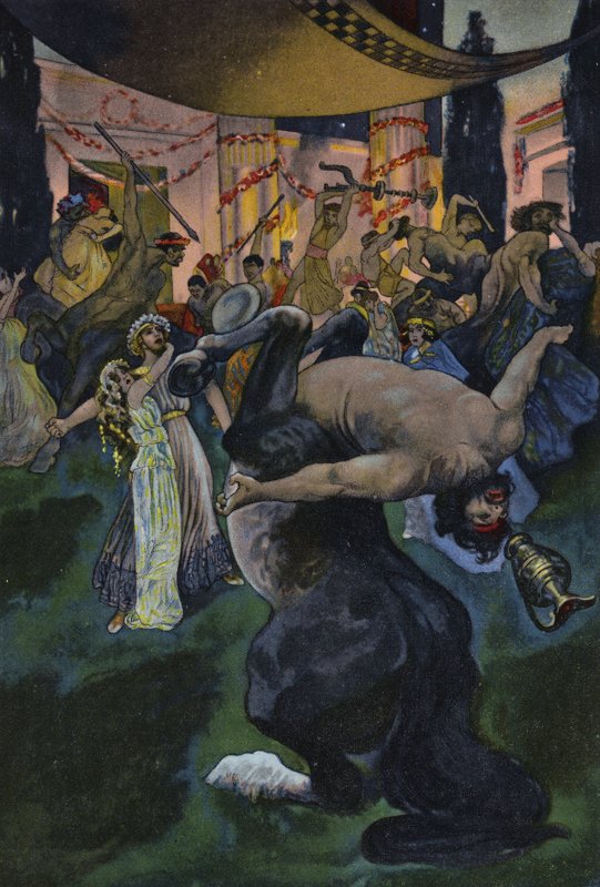 Satyrer som stör Orpheus och Eurydikes bröllopsfest, scen från Orpheus in the Underworld (färg litho) av Artus Scheiner