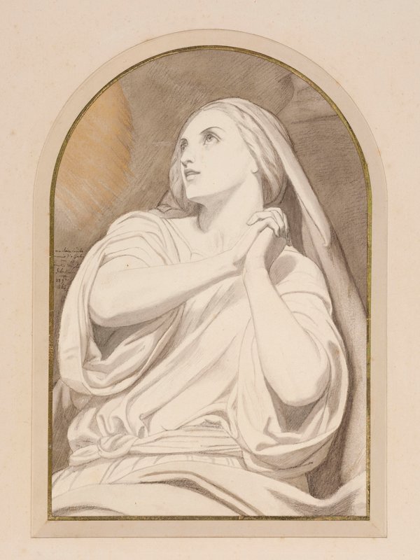 Mary Magdalene in Ecstasy, ca 1858 (blyerts, krita, akvarell, lavering  bläck på papper) av Ary Scheffer