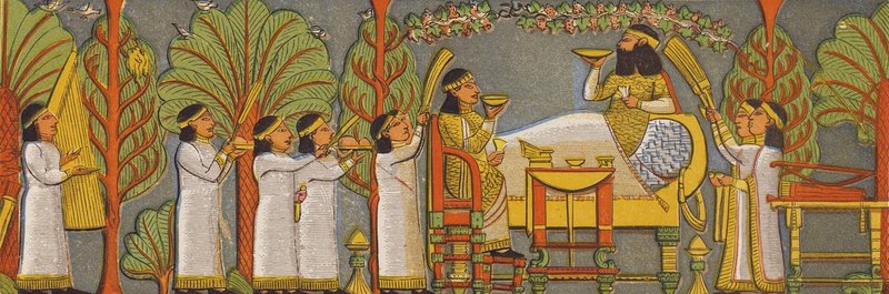 Assyrisk bankettscen (färglitografi) av Assyrian