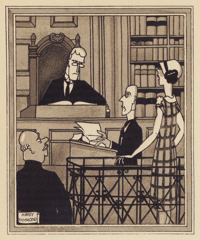 En polisdomstol (litho) av Aubrey Hammond