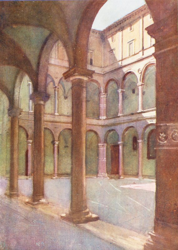 Rom: Cortile of the Cancelleria (färglitografi) av Aubrey Waterfield