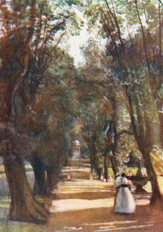 Rom: Ilex Avenue i Villa Borghese (färglitografi) av Aubrey Waterfield