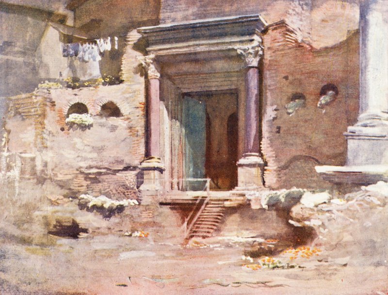 Rom: Dörren till Romulus tempel, Forum (färglitografi) av Aubrey Waterfield