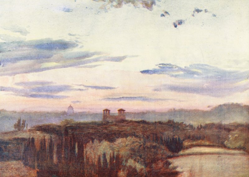 Rom: Villa Medici och Peterskyrkans kupol (färglitografi) av Aubrey Waterfield