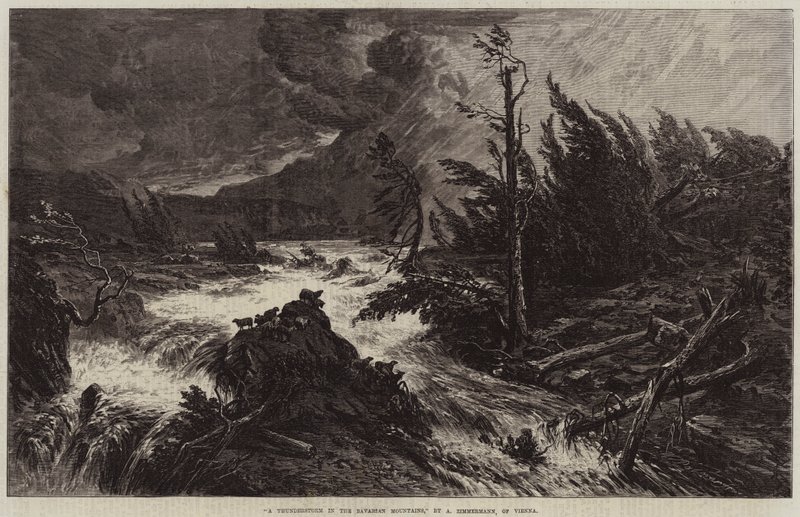 Ett åskväder i de bayerska bergen gravyr av Albert August Zimmermann