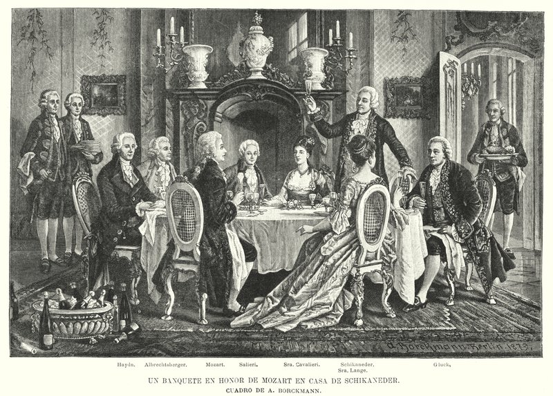 En bankett till Mozarts ära i Schikaneders hus (litho) av August (after) Borckmann