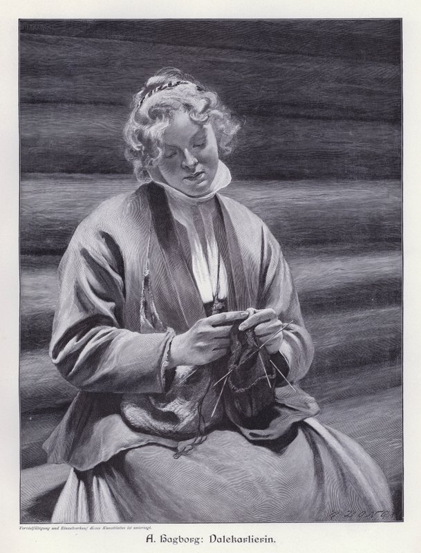 Porträtt av en kvinna som stickar (gravyr) av August Wilhelm Nikolaus Hagborg