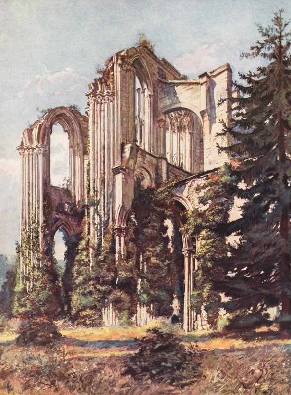 Frankrike: Saint-Wandrille Abbey (färglitografi) av Auguste Gerardin
