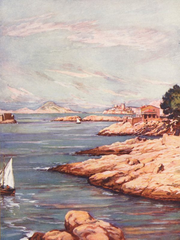 Frankrike: La Corniche A Marseille (färglitografi) av Auguste Gerardin