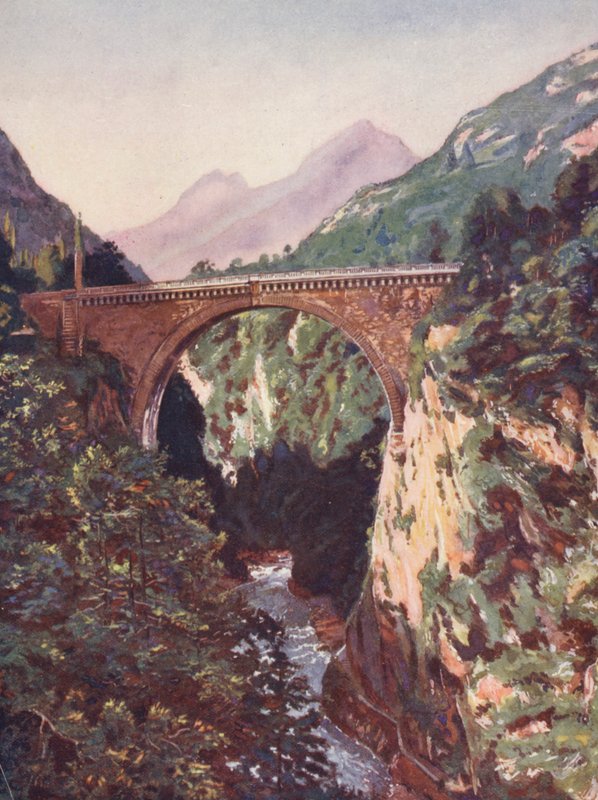Frankrike: Pont Saint-Sauveur och Gave De Pau (färglitografi) av Auguste Gerardin