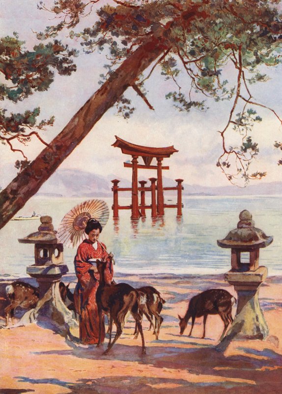 Torii vid Miyajima, Japan (färglitografi) av Auguste Gerardin