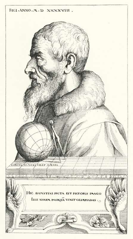 Självporträtt av Augustin Hirschvogel, tysk konstnär, matematiker och kartograf (gravyr) av Augustin Hirschvogel