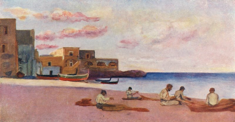 Kväll på stranden vid Ischias småbåtshamn (färglitografi) av Augustine Fitzgerald